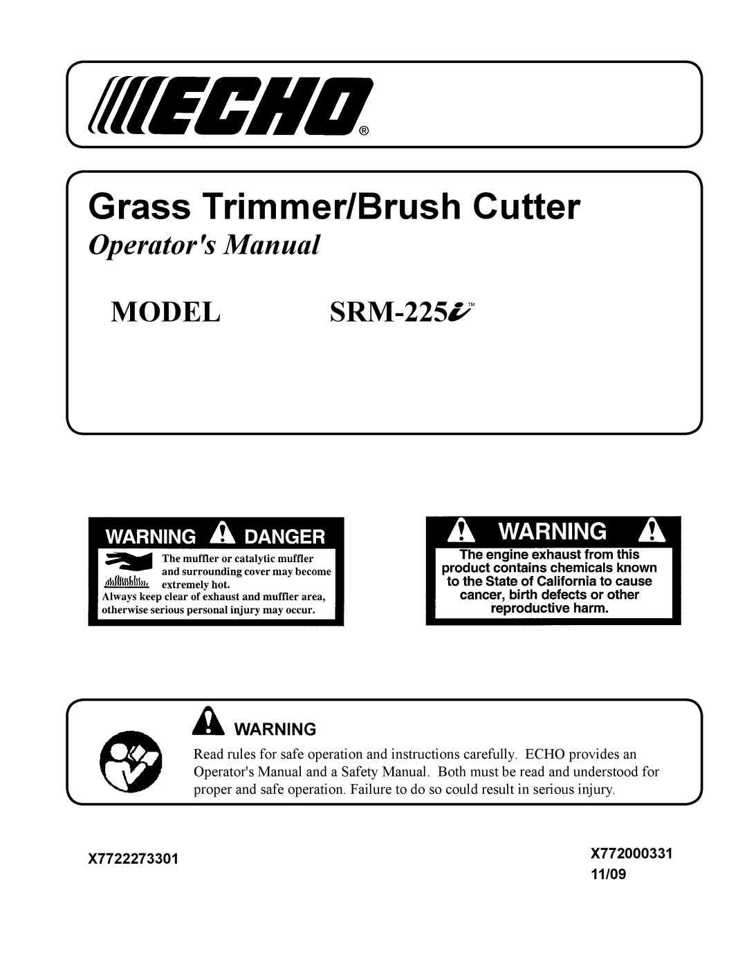 Echo SRM-225I manual Grass Trimmer/Brush Cutter 