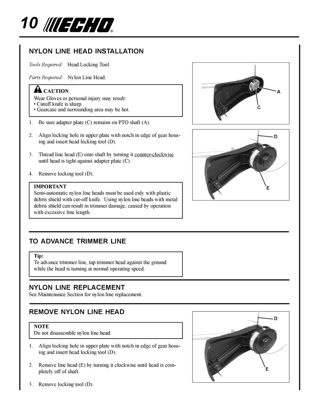 Echo SRM-225I manual Nylon line head installation, To advance trimmer line, Nylon line replacement, Remove nylon line head 