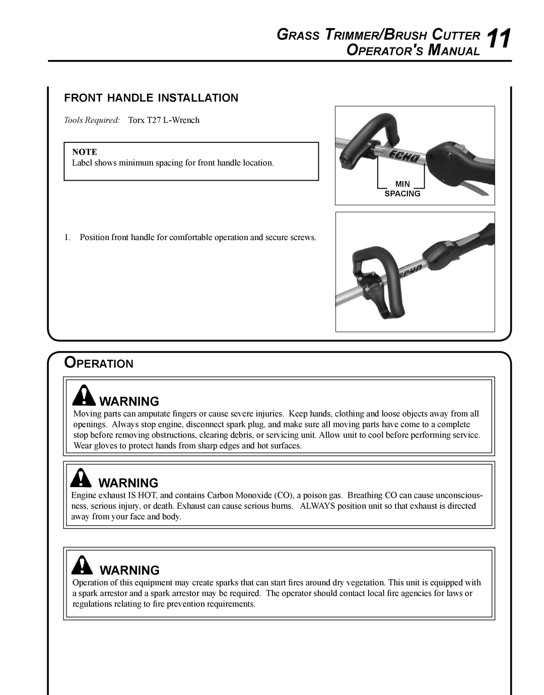 Echo SRM-225I manual Grass Trimmer/Brush Cutter Operators Manual, Front handle installation, Operation 