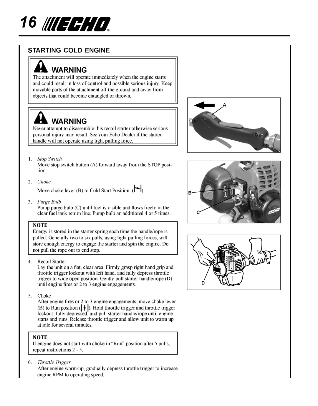 Echo SRM-225I manual Starting cold engine, Purge Bulb 