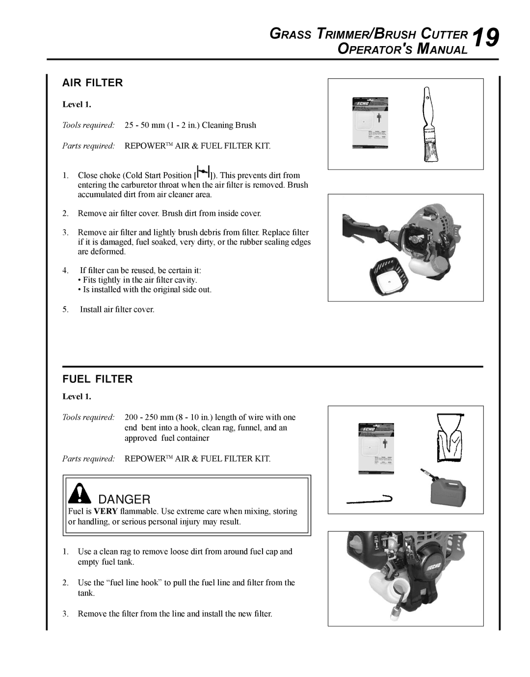 Echo SRM-225I manual Air filter, Fuel filter 