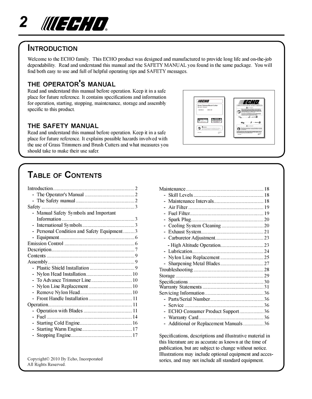 Echo SRM-225I Introduction, Operators manual, Safety manual, Table of Contents 