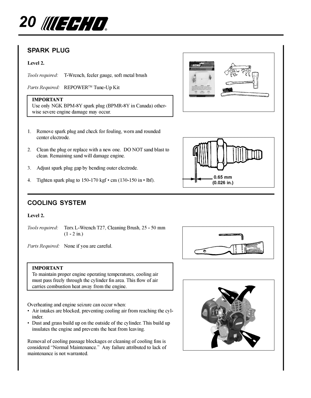 Echo SRM-225I manual Spark plug, Cooling system 