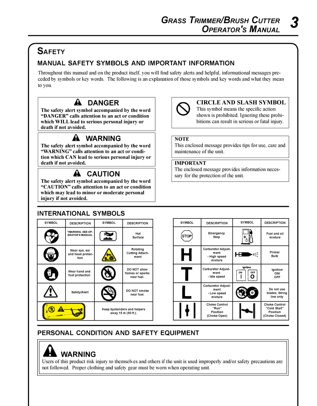 Echo SRM-225I manual Grass Trimmer /Brush Cutter Operator s Manual, Safety Manual safety symbols and important information 