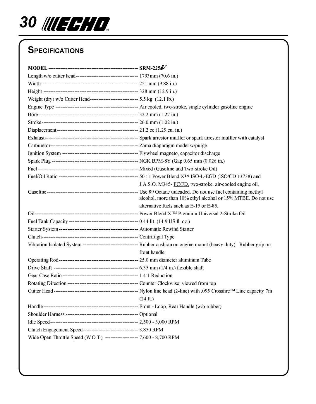 Echo SRM-225I manual Specifications, Model SRM-225 