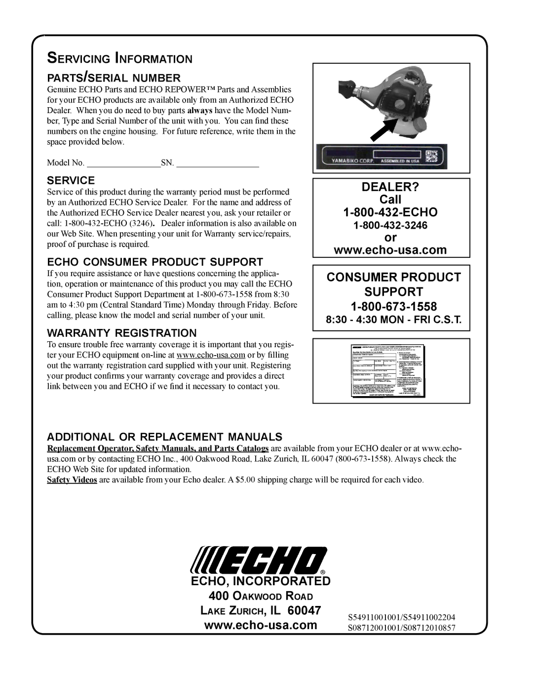 Echo SRM-225I manual Servicing Information parts/serial number, Service, Echo consumer product support 