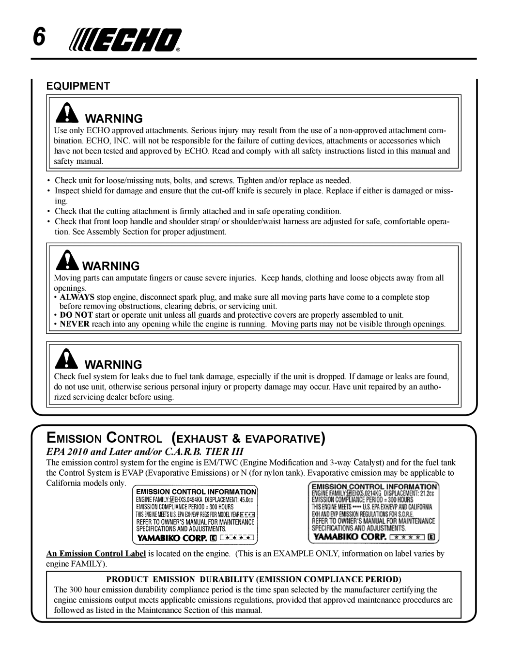 Echo SRM-225I manual Equipment, Emission Control exhaust & evaporative, EPA 2010 and Later and/or C.A.R.B. Tier 