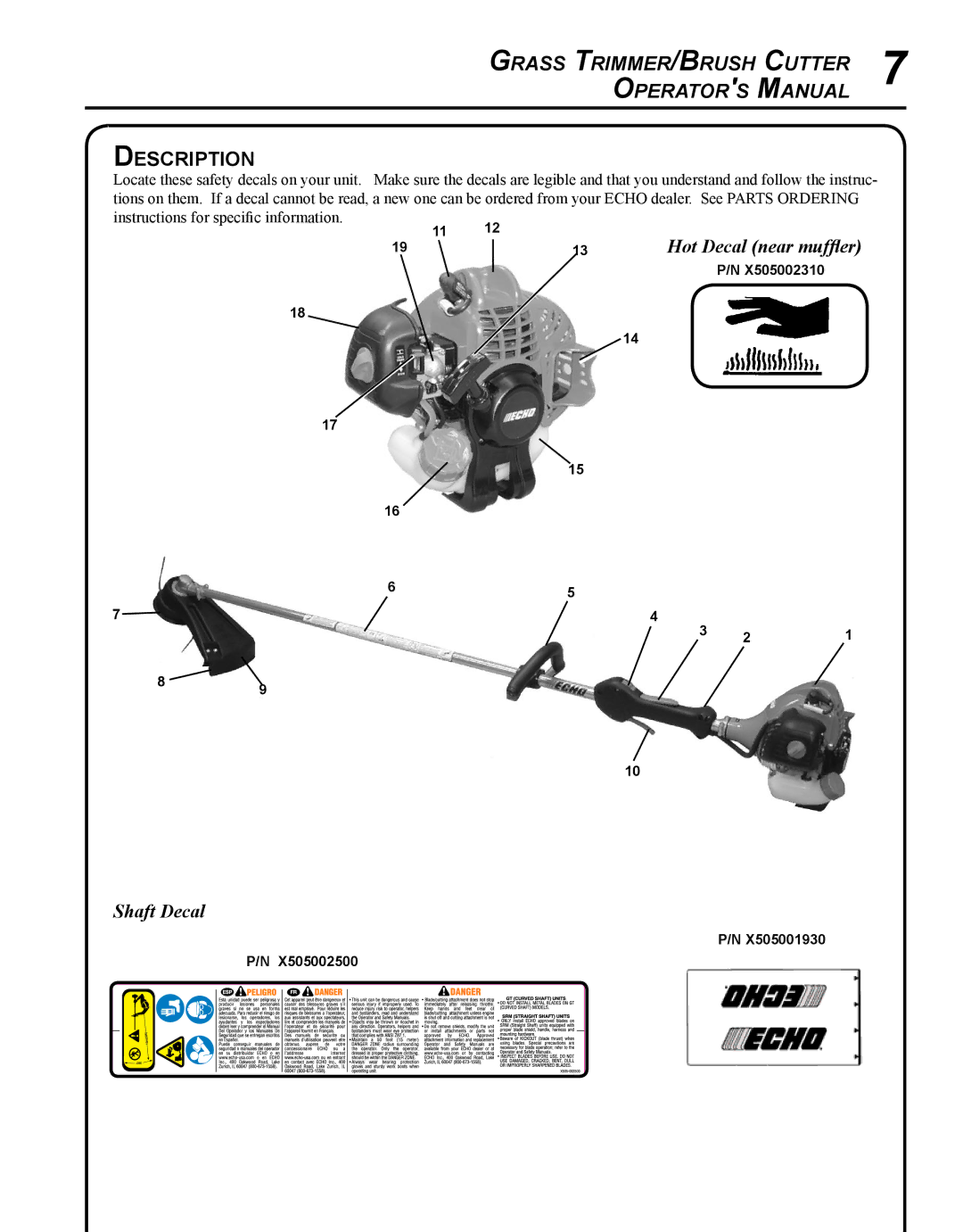 Echo SRM-225I manual Grass Trimmer /Brush Cutter Operator s Manual Description, Hot Decal near muffler Shaft Decal 