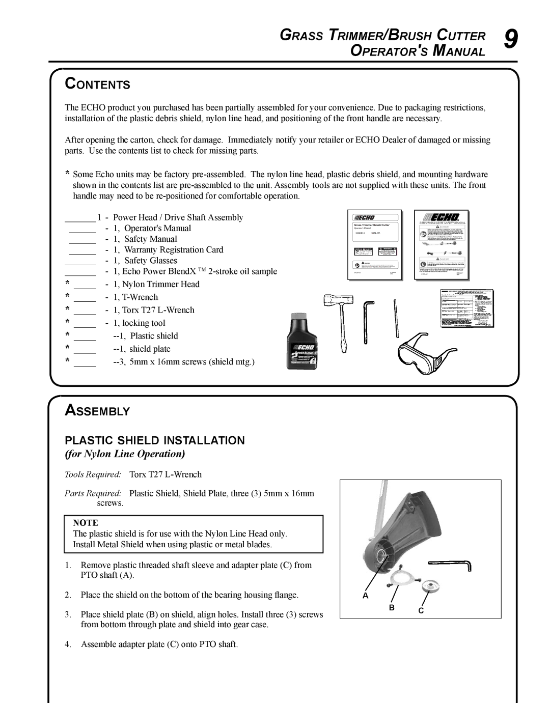 Echo SRM-225I manual Contents, Assembly Plastic shield installation 