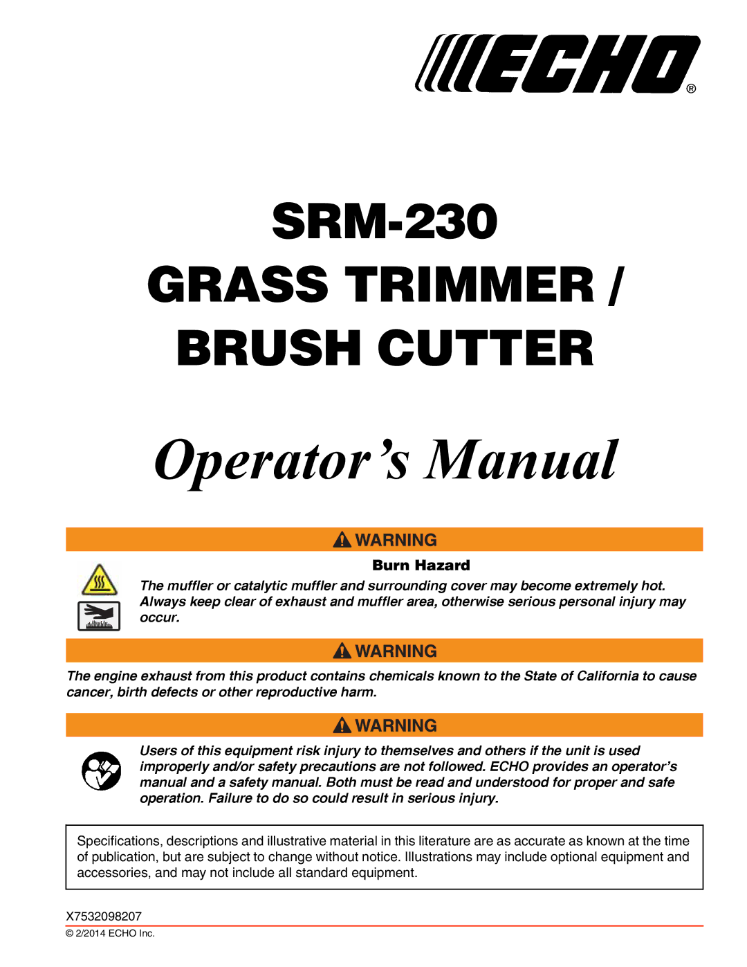 Echo SRM-230 specifications Operator’s Manual, Burn Hazard 