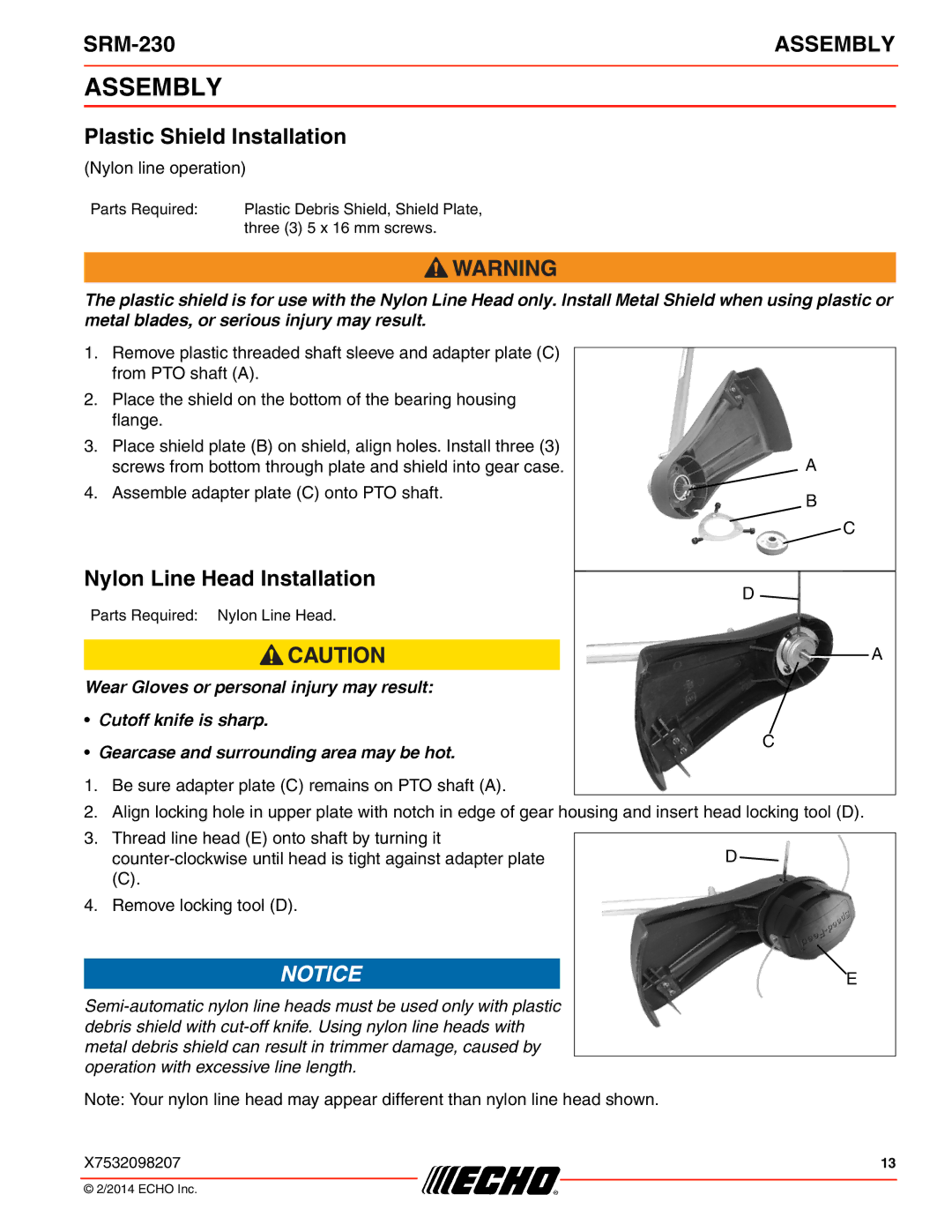 Echo SRM-230 specifications Assembly, Plastic Shield Installation, Nylon Line Head Installation 