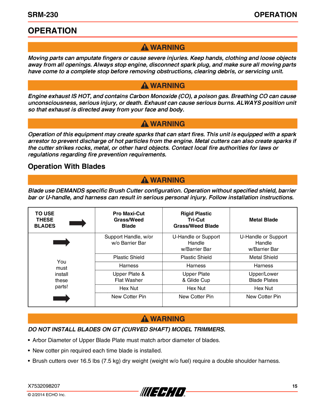 Echo SRM-230 specifications Operation With Blades 