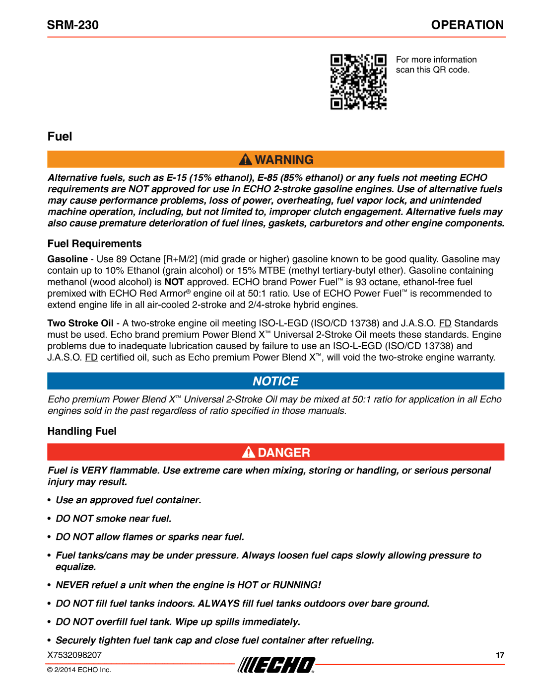 Echo SRM-230 specifications Fuel Requirements, Handling Fuel 