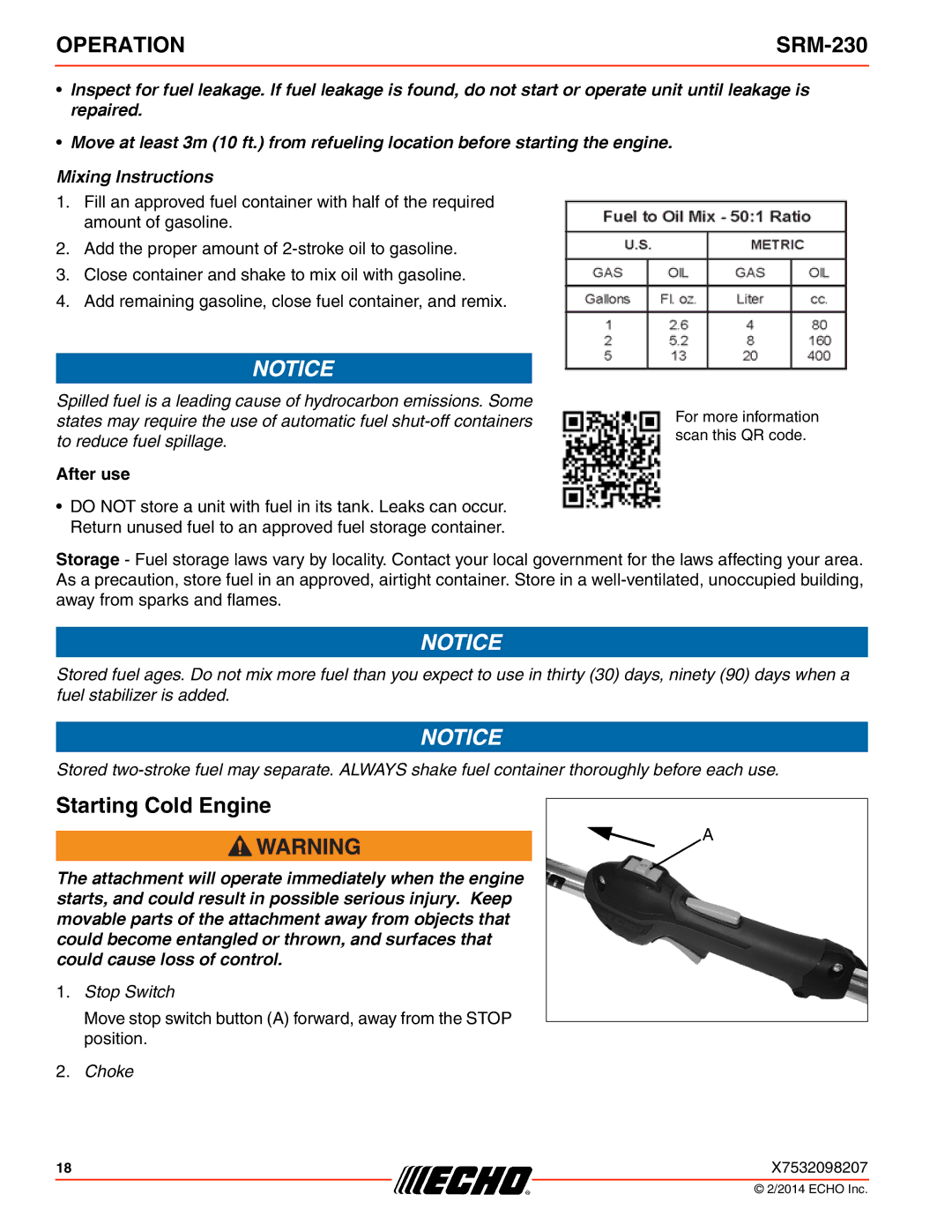 Echo SRM-230 specifications Starting Cold Engine, After use 