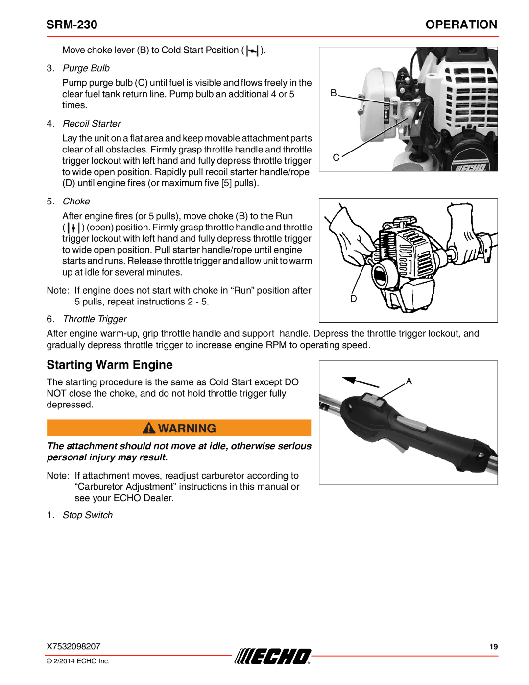 Echo SRM-230 specifications Starting Warm Engine, Purge Bulb 