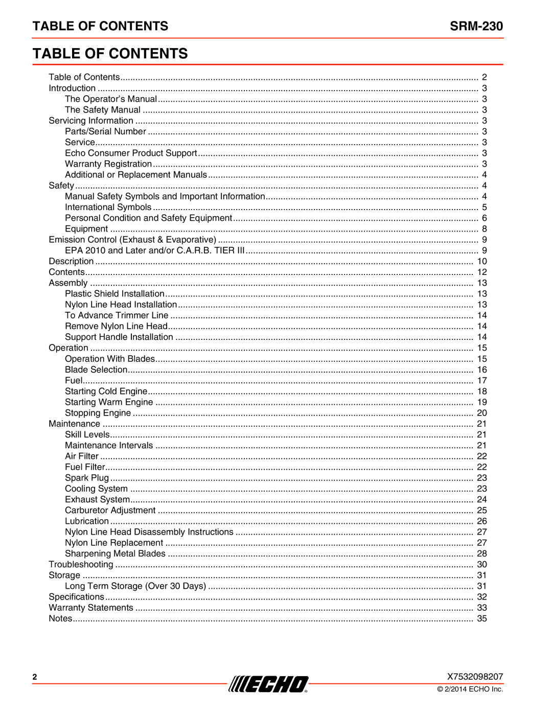 Echo SRM-230 specifications Table of Contents 