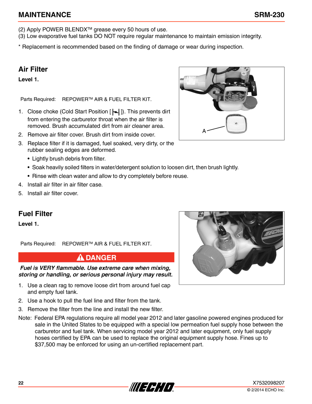 Echo SRM-230 specifications Air Filter, Fuel Filter 