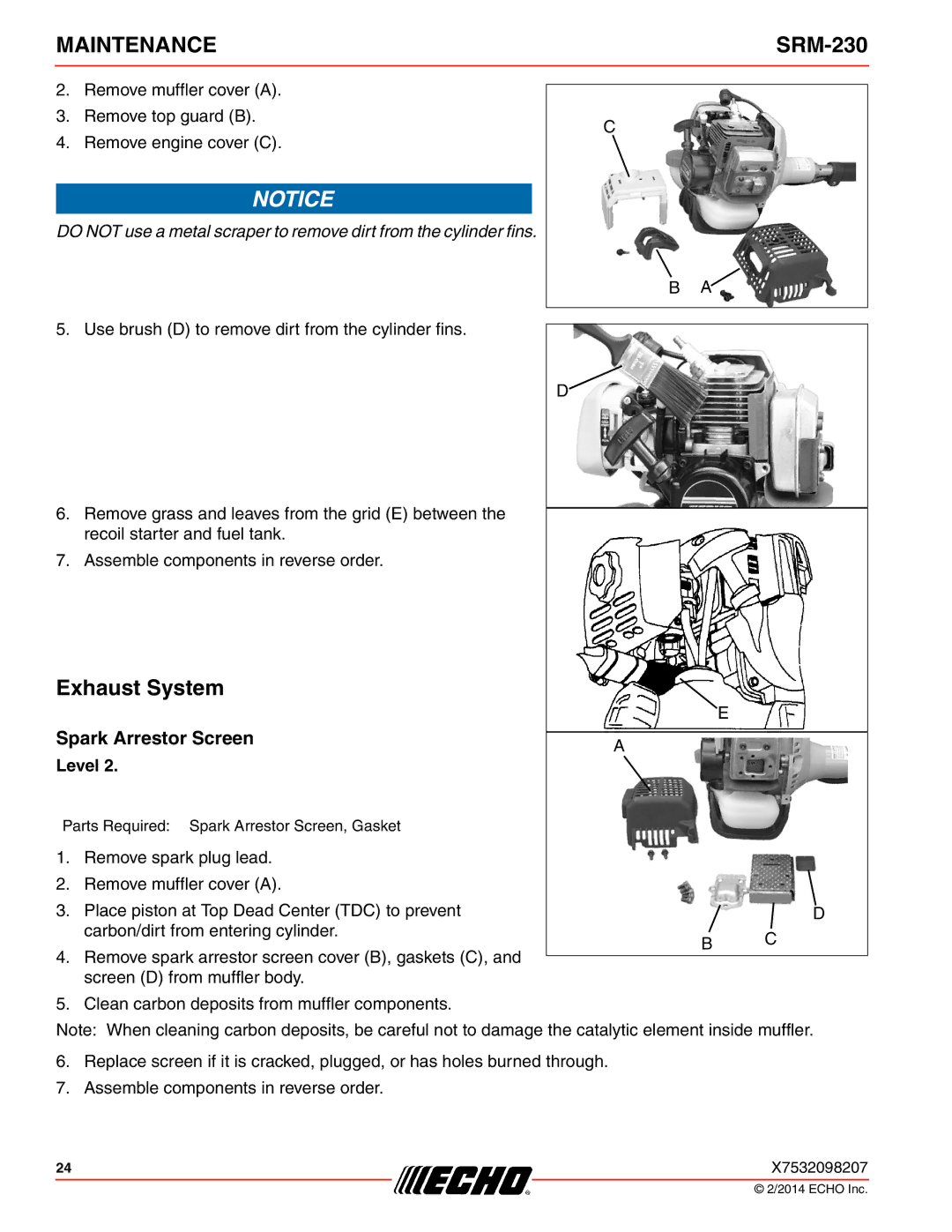 Echo SRM-230 specifications Exhaust System, Spark Arrestor Screen 