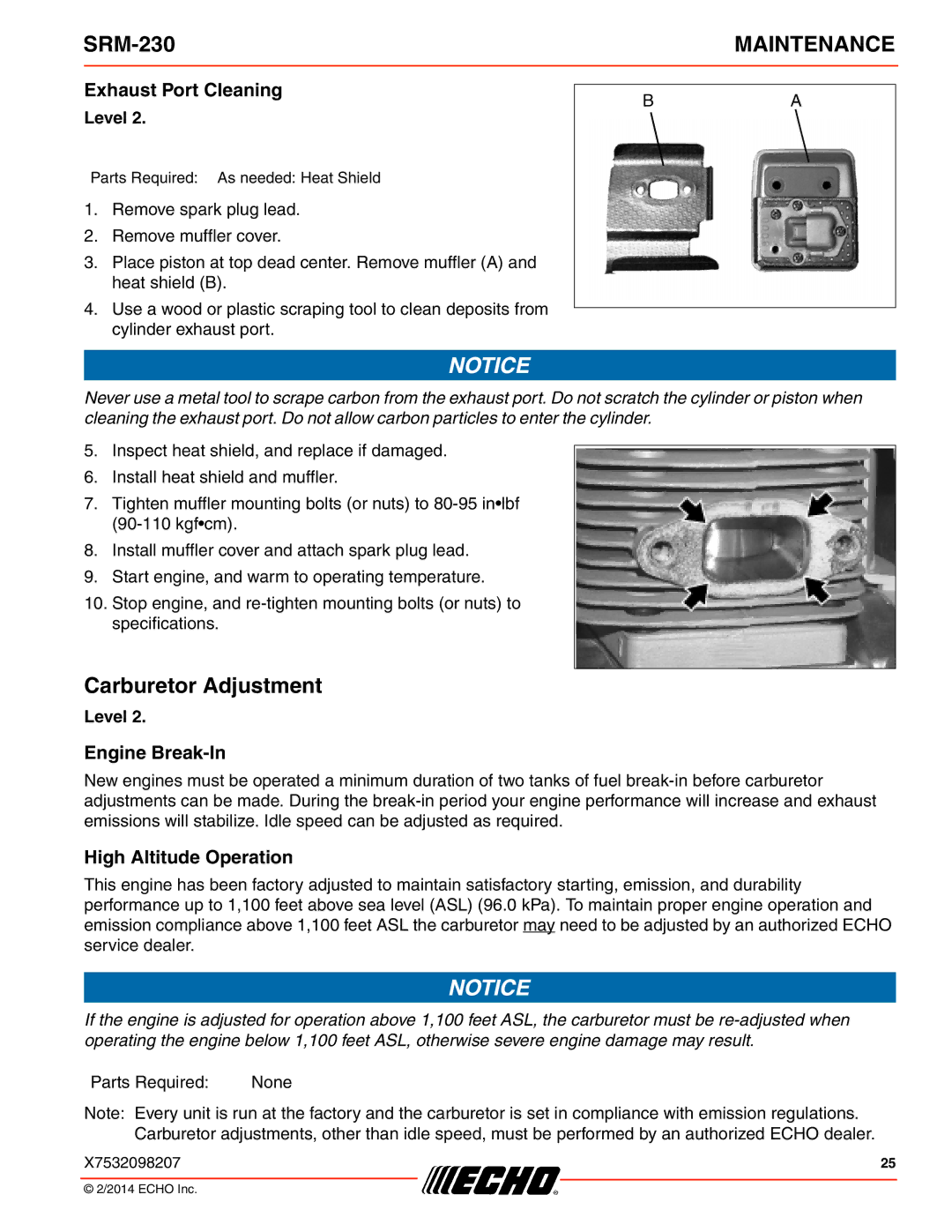 Echo SRM-230 specifications Carburetor Adjustment, Exhaust Port Cleaning, Engine Break-In, High Altitude Operation 