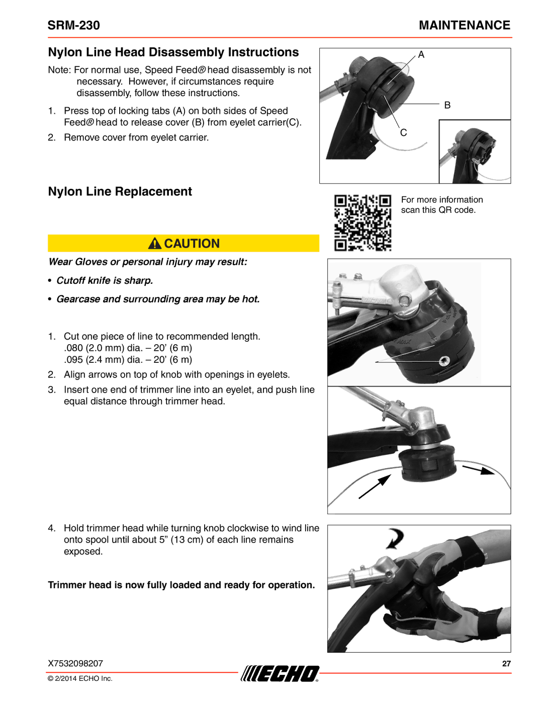 Echo SRM-230 specifications Nylon Line Head Disassembly Instructions, Nylon Line Replacement 