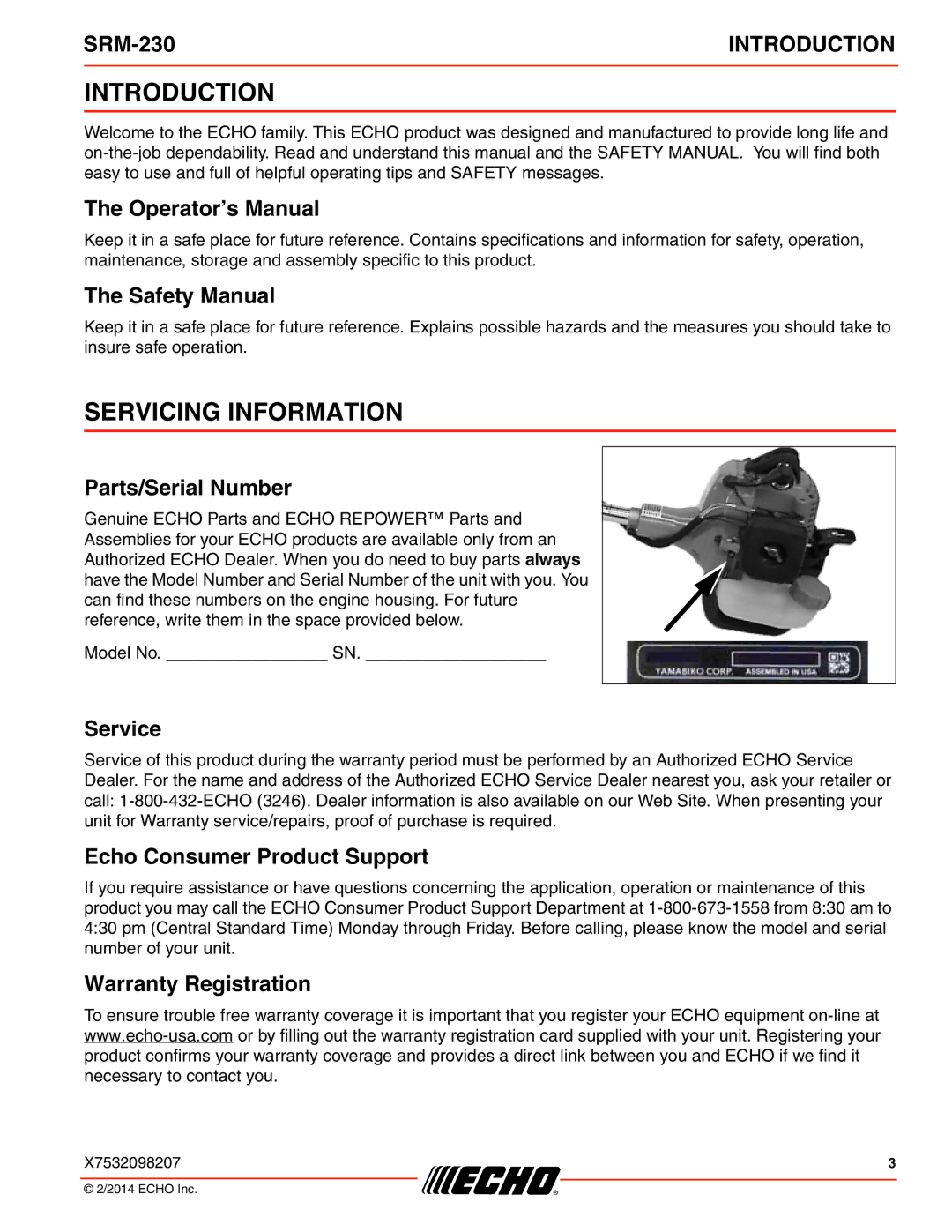 Echo SRM-230 specifications Introduction, Servicing Information 