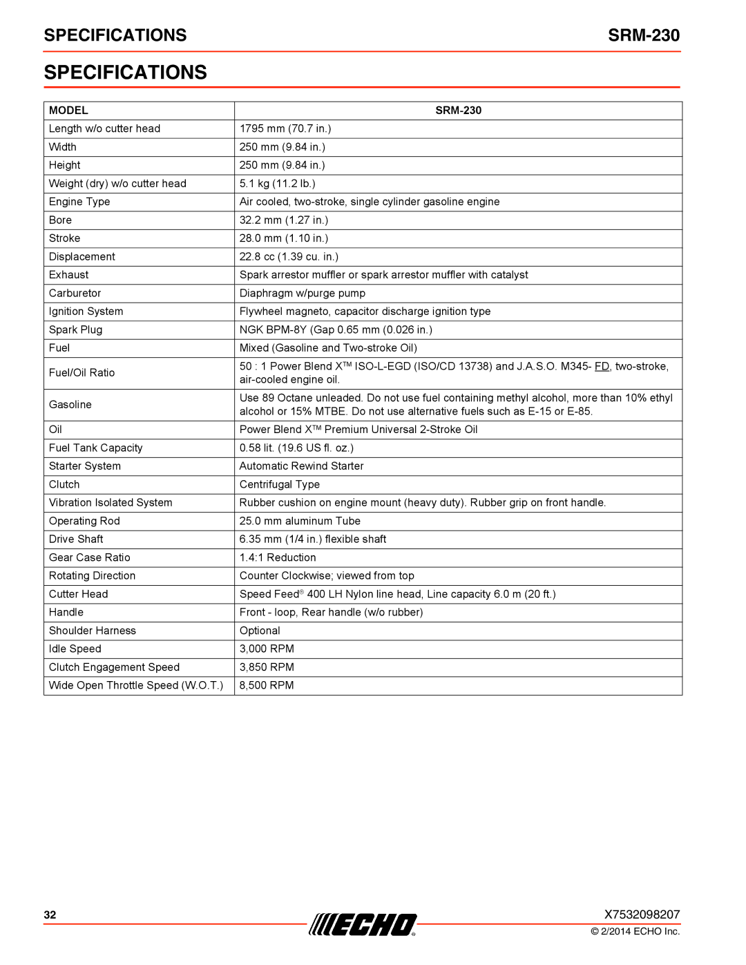 Echo SRM-230 specifications Specifications, Model 