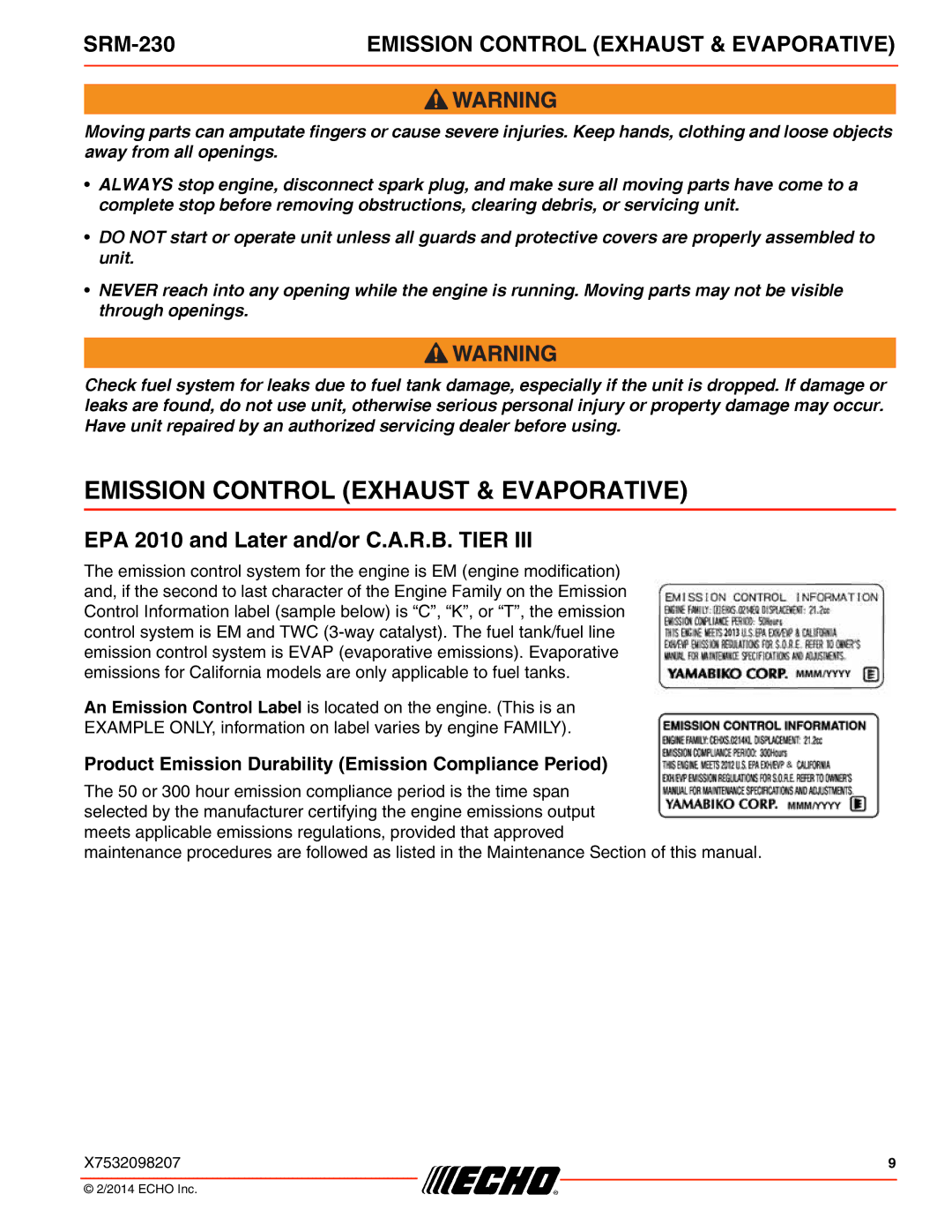 Echo SRM-230 specifications Emission Control Exhaust & Evaporative, EPA 2010 and Later and/or C.A.R.B. Tier 