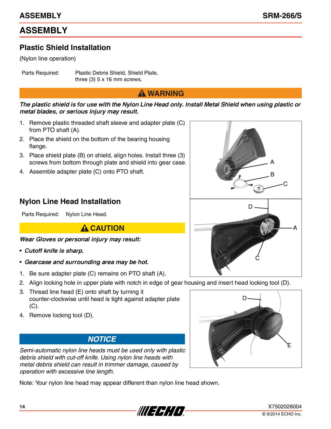 Echo SRM-266/S specifications Assembly, Plastic Shield Installation, Nylon Line Head Installation 