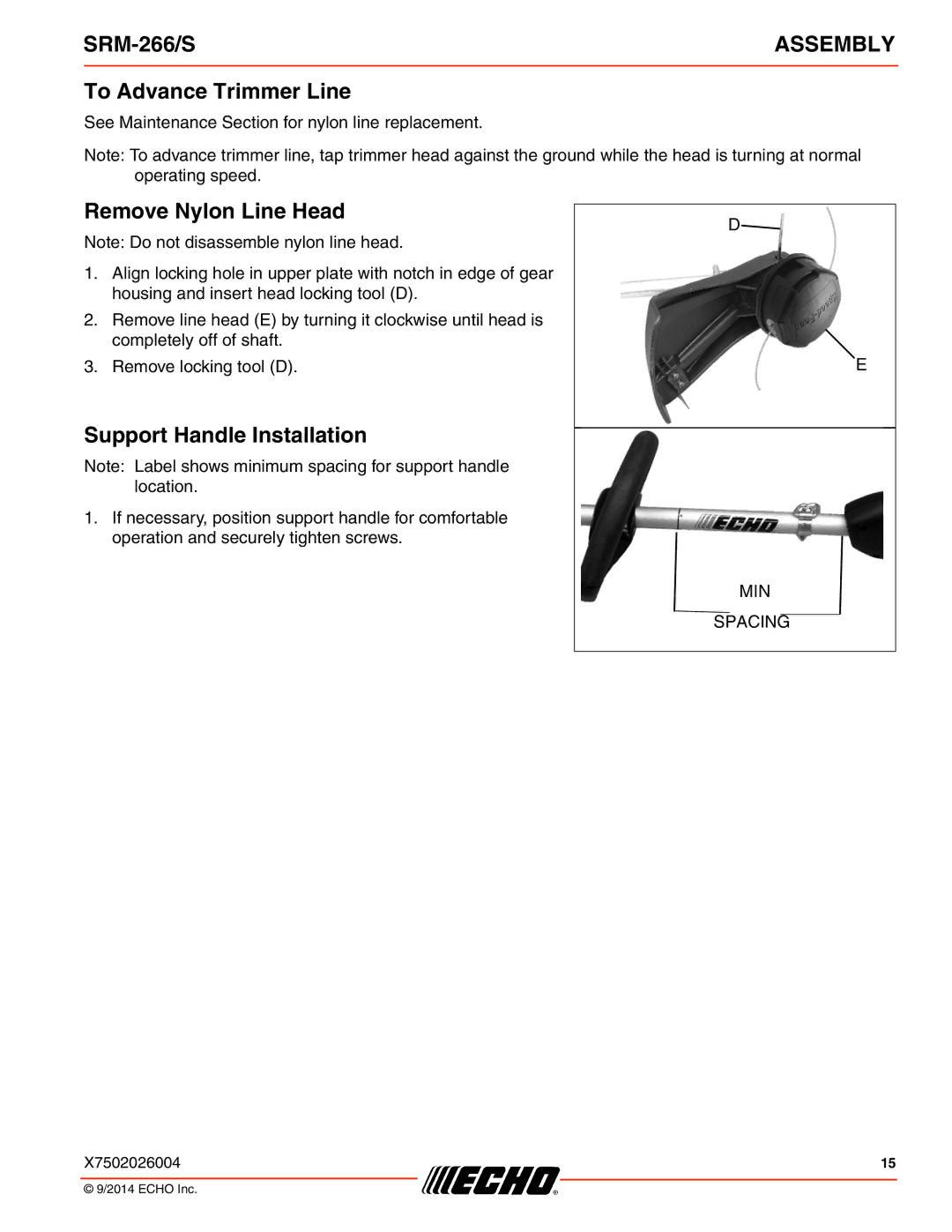 Echo SRM-266/S specifications To Advance Trimmer Line, Remove Nylon Line Head, Support Handle Installation 