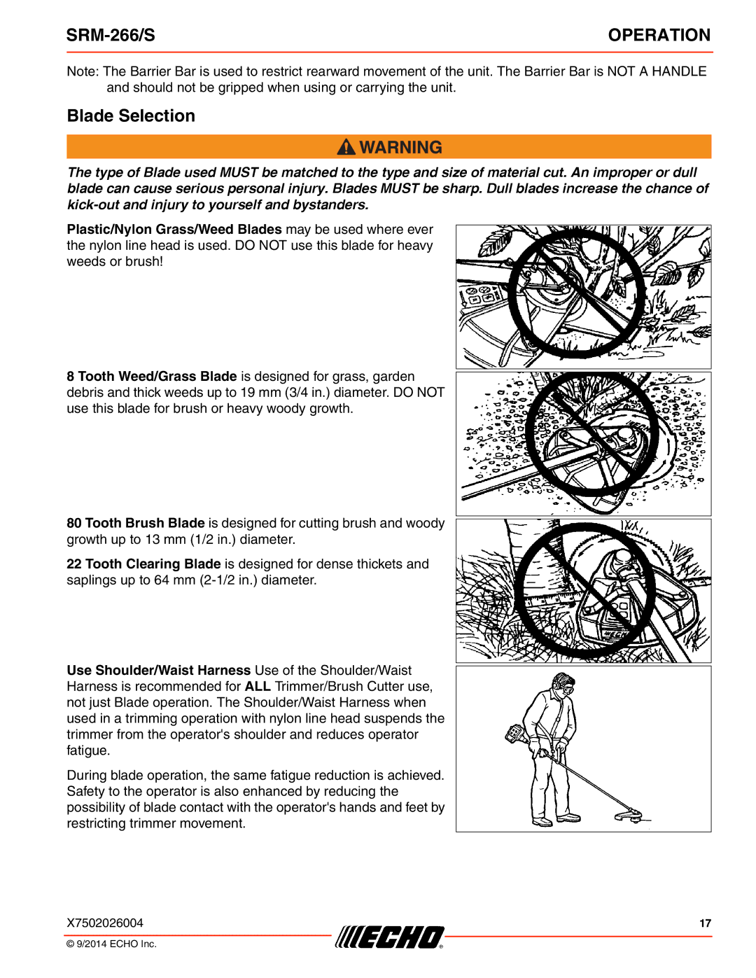 Echo SRM-266/S specifications Blade Selection 