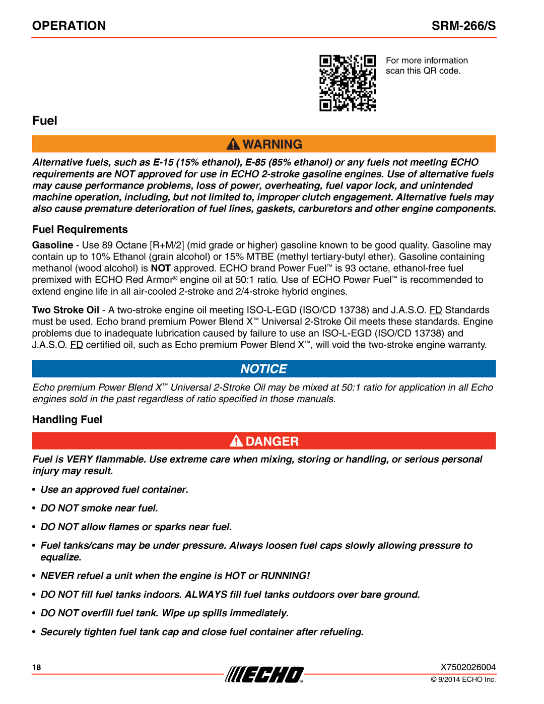 Echo SRM-266/S specifications Fuel Requirements, Handling Fuel 