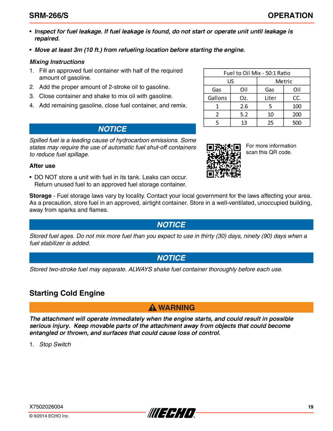 Echo SRM-266/S specifications Starting Cold Engine, After use 