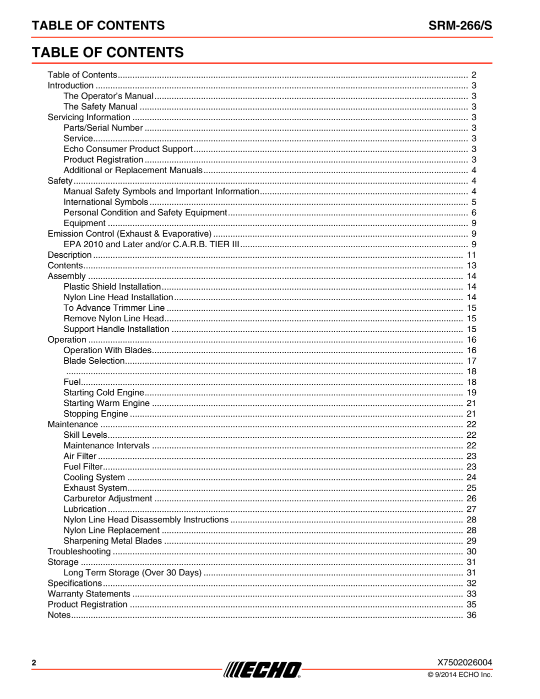 Echo SRM-266/S specifications Table of Contents 