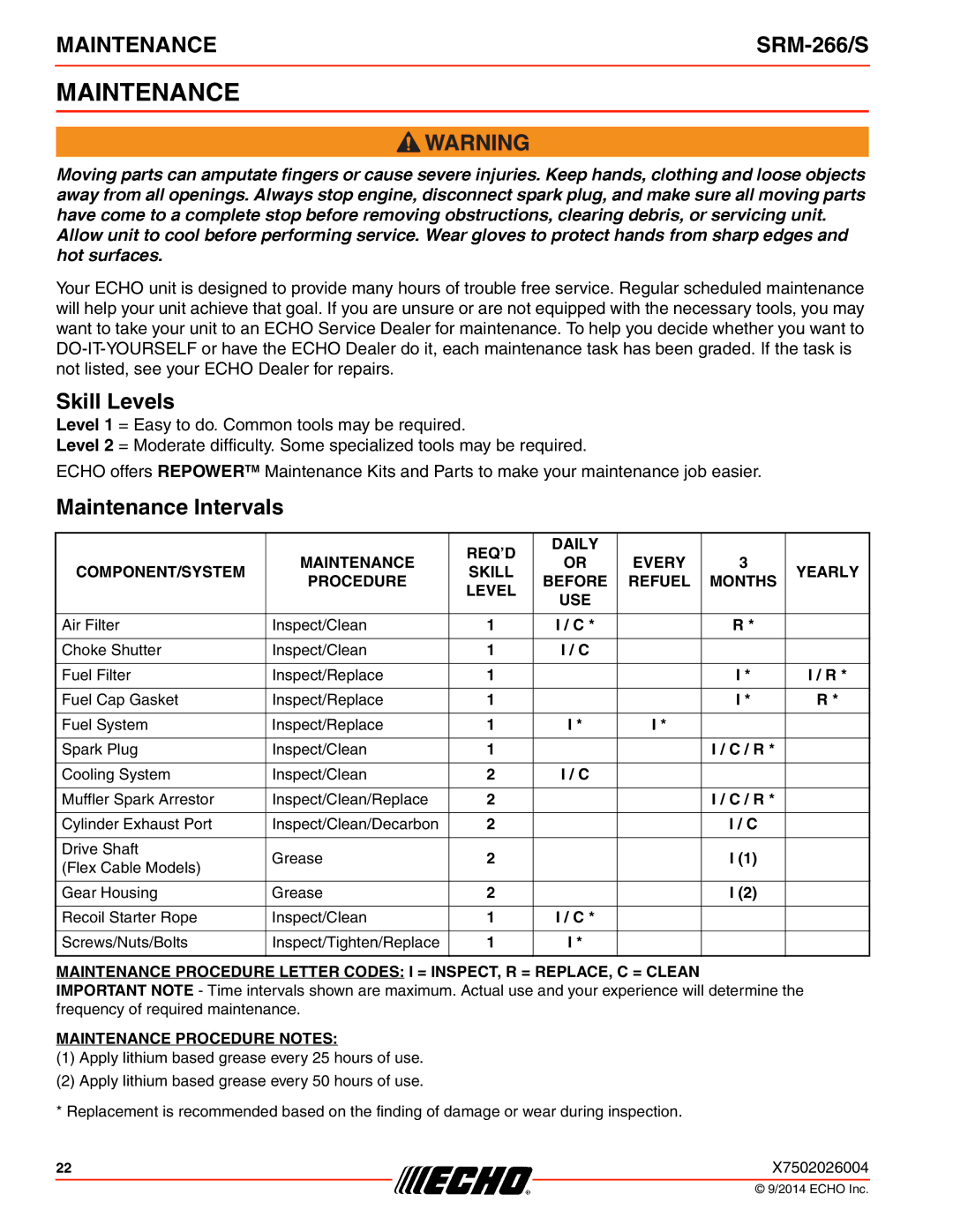 Echo SRM-266/S specifications Skill Levels, Maintenance Intervals 