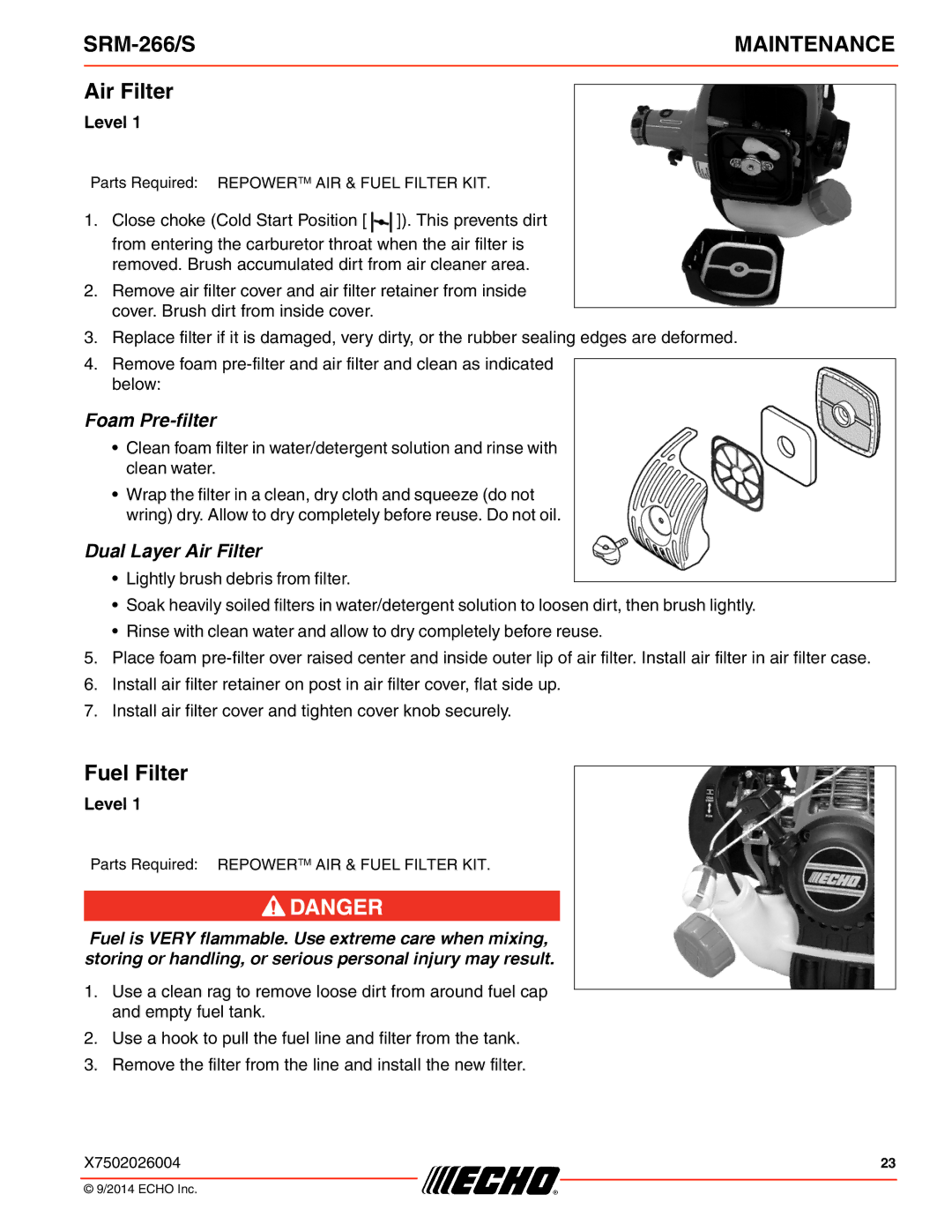 Echo SRM-266/S specifications Air Filter, Fuel Filter 