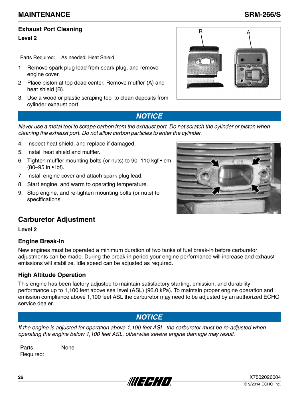 Echo SRM-266/S specifications Carburetor Adjustment, Exhaust Port Cleaning, Engine Break-In, High Altitude Operation 