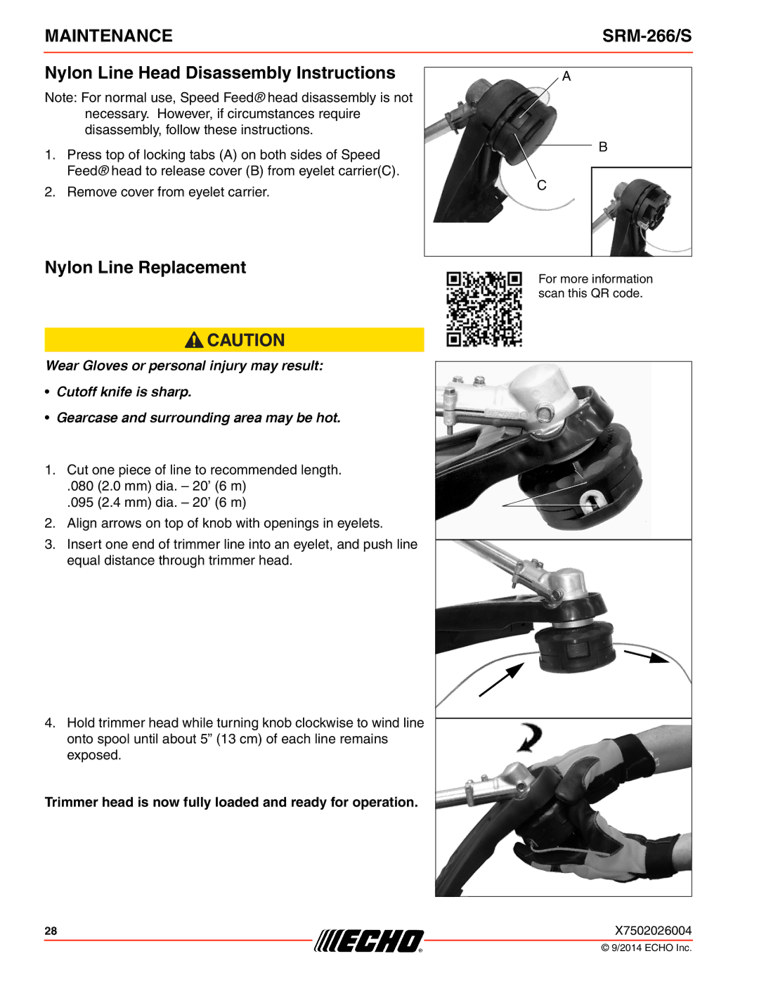 Echo SRM-266/S specifications Nylon Line Head Disassembly Instructions, Nylon Line Replacement 