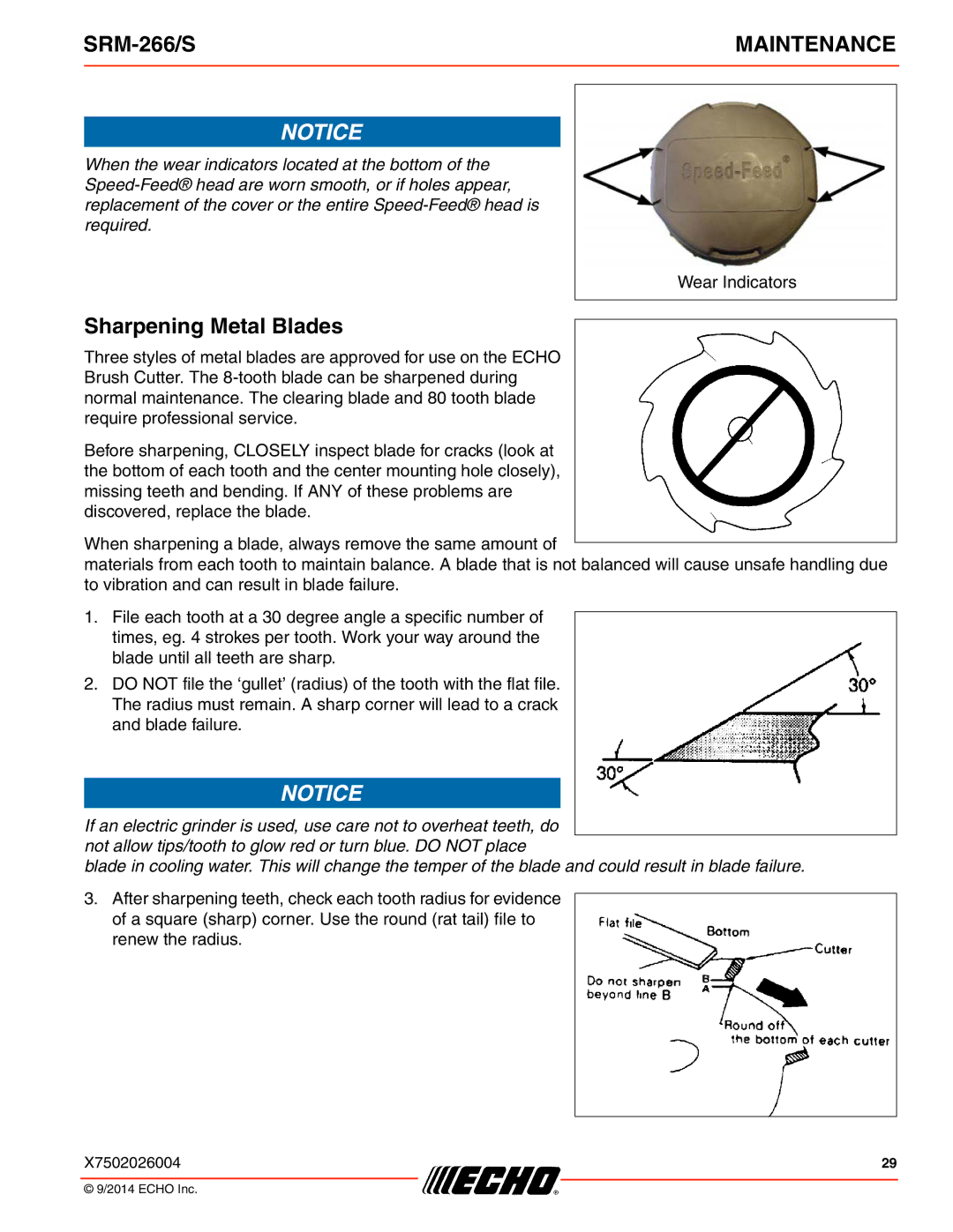 Echo SRM-266/S specifications Sharpening Metal Blades 