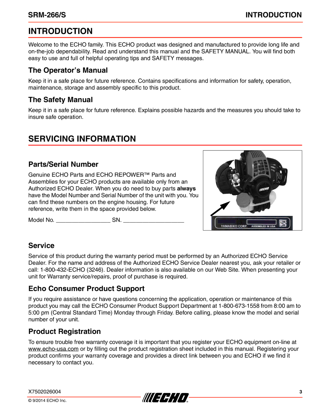 Echo SRM-266/S specifications Introduction, Servicing Information 