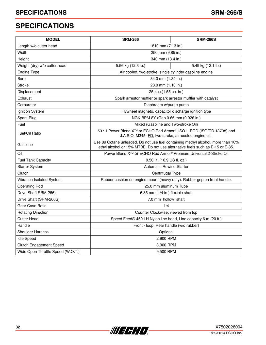 Echo SRM-266/S specifications Specifications, Model 