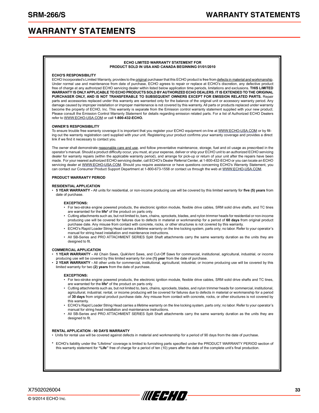 Echo SRM-266/S specifications Warranty Statements, Exceptions 