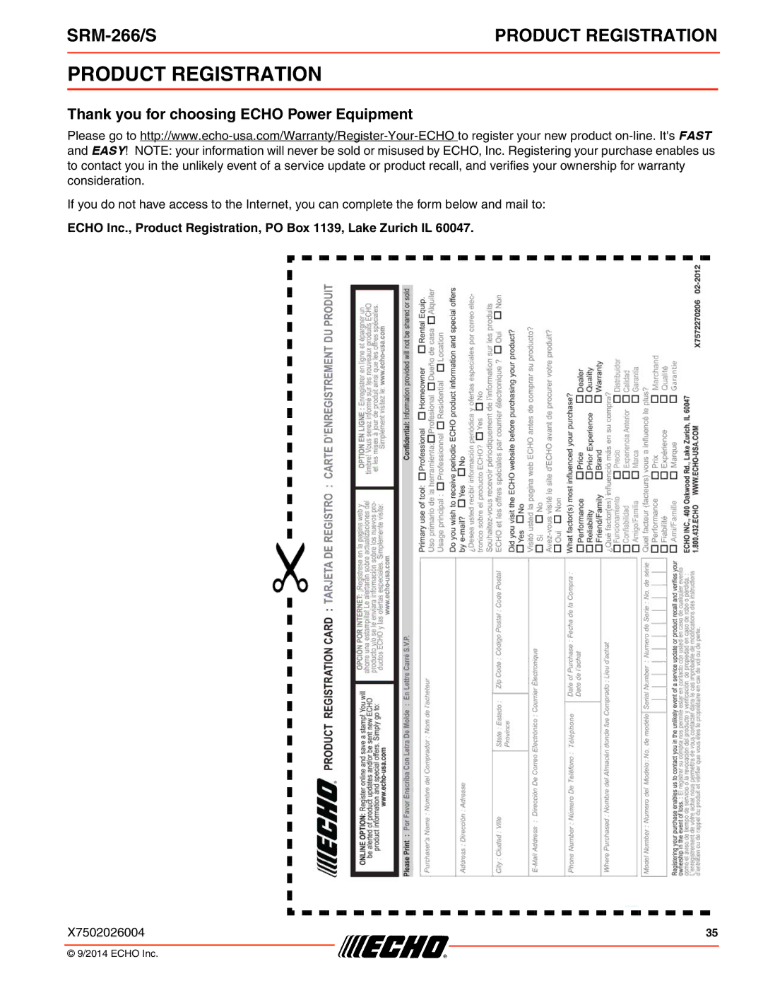 Echo SRM-266/S specifications Product Registration, Thank you for choosing Echo Power Equipment 