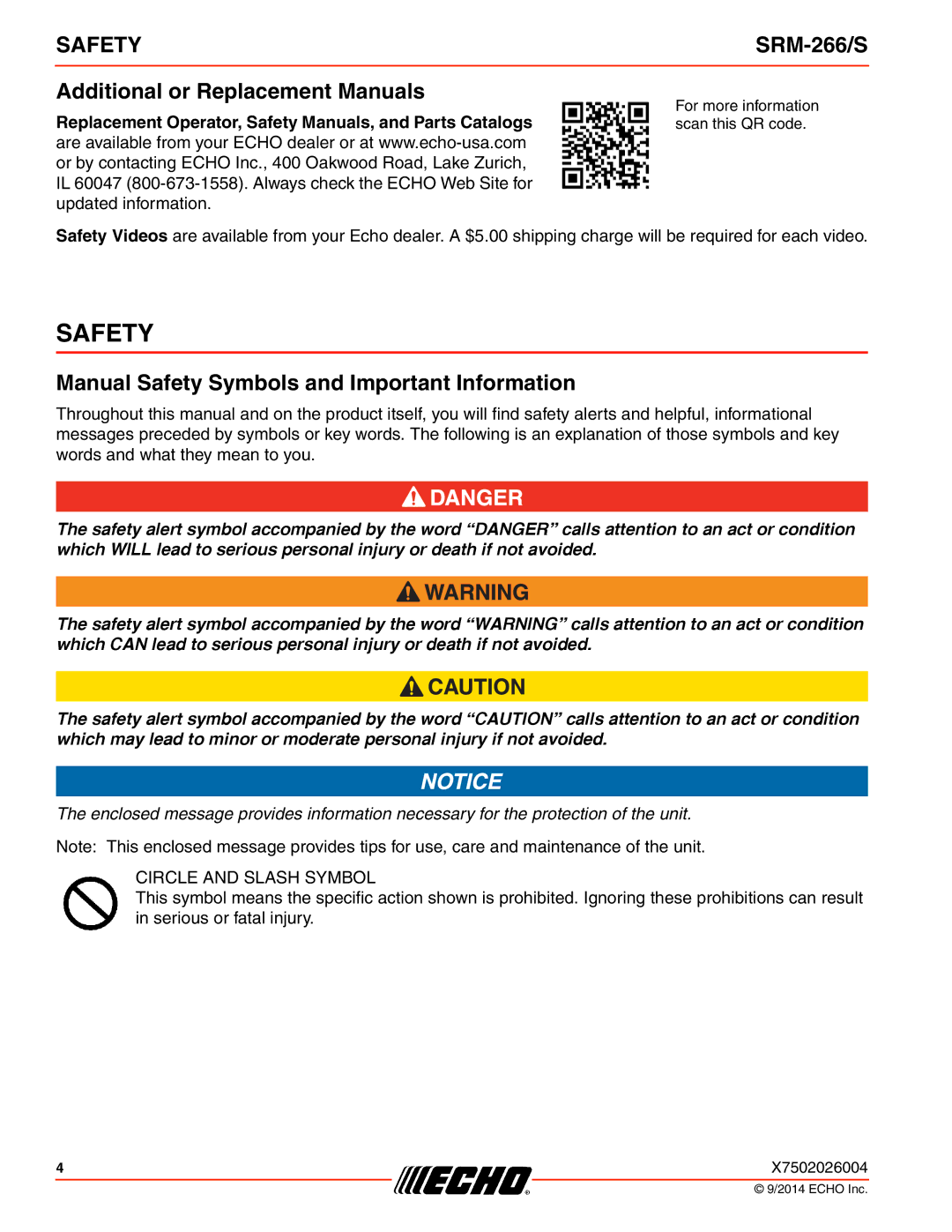 Echo SRM-266/S specifications Additional or Replacement Manuals, Manual Safety Symbols and Important Information 