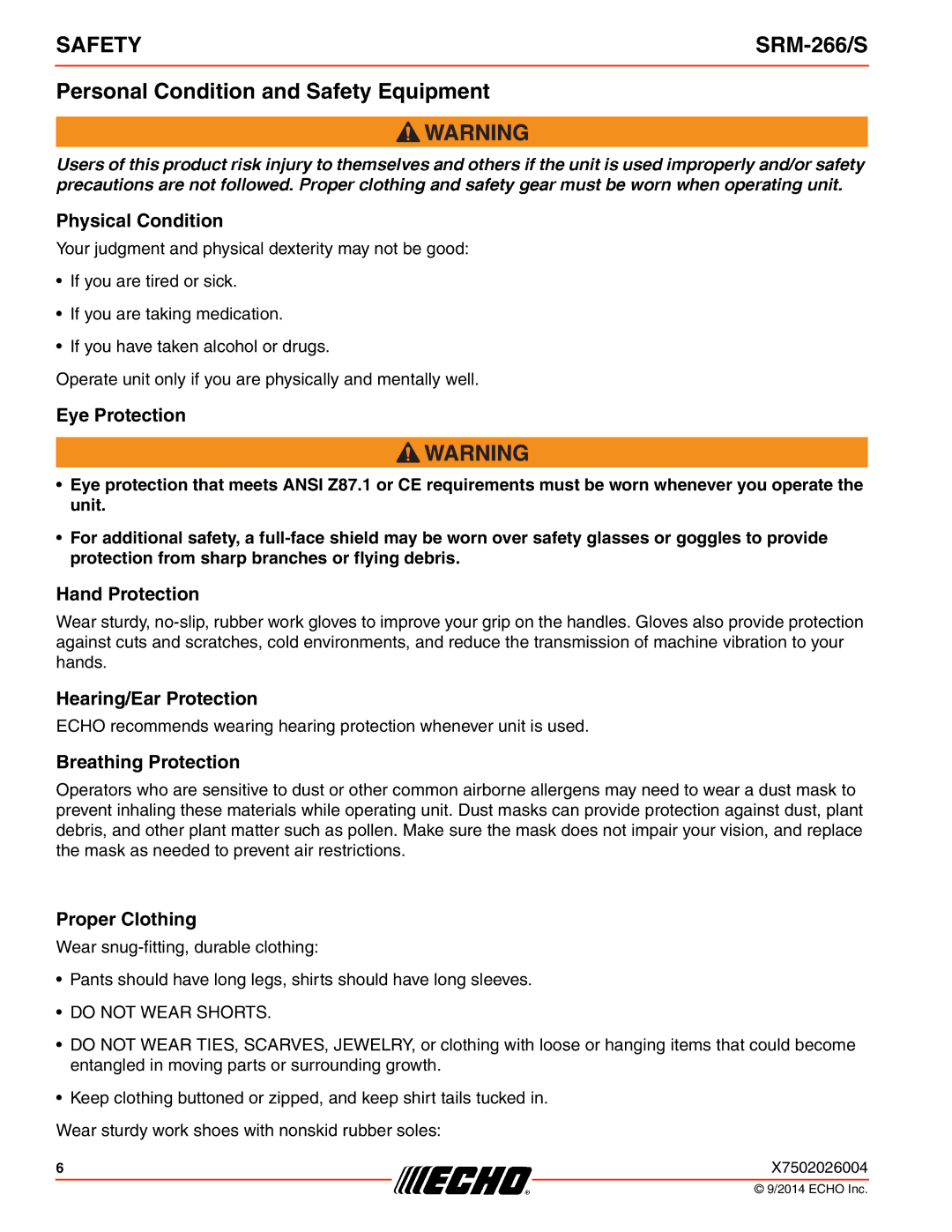 Echo SRM-266/S specifications Personal Condition and Safety Equipment 