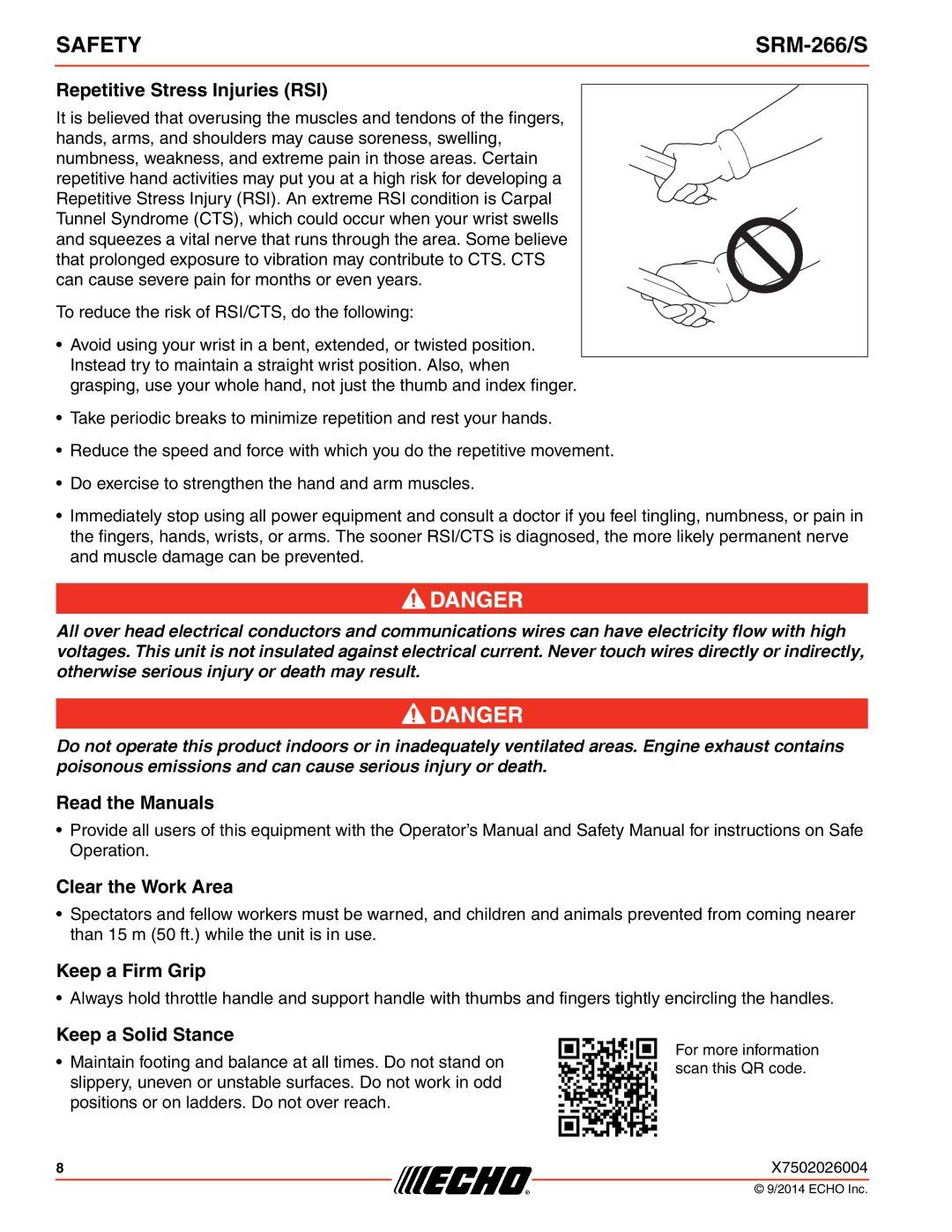 Echo SRM-266/S specifications Repetitive Stress Injuries RSI, Read the Manuals, Clear the Work Area, Keep a Firm Grip 