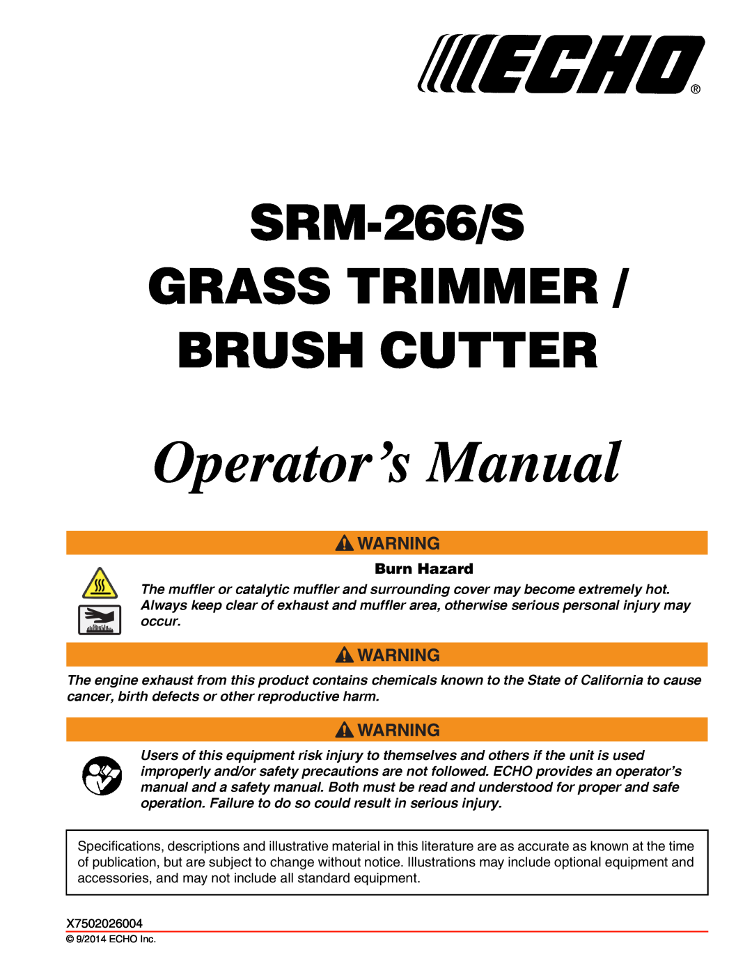 Echo specifications Burn Hazard, Operator’s Manual, SRM-266/S GRASS TRIMMER BRUSH CUTTER 