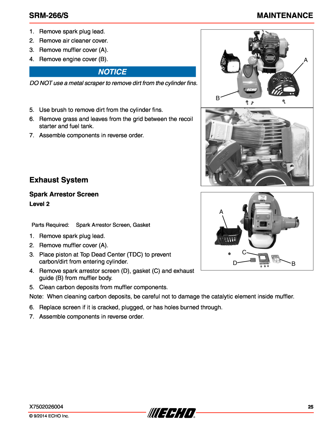 Echo SRM-266/S specifications Exhaust System, Spark Arrestor Screen, Maintenance 
