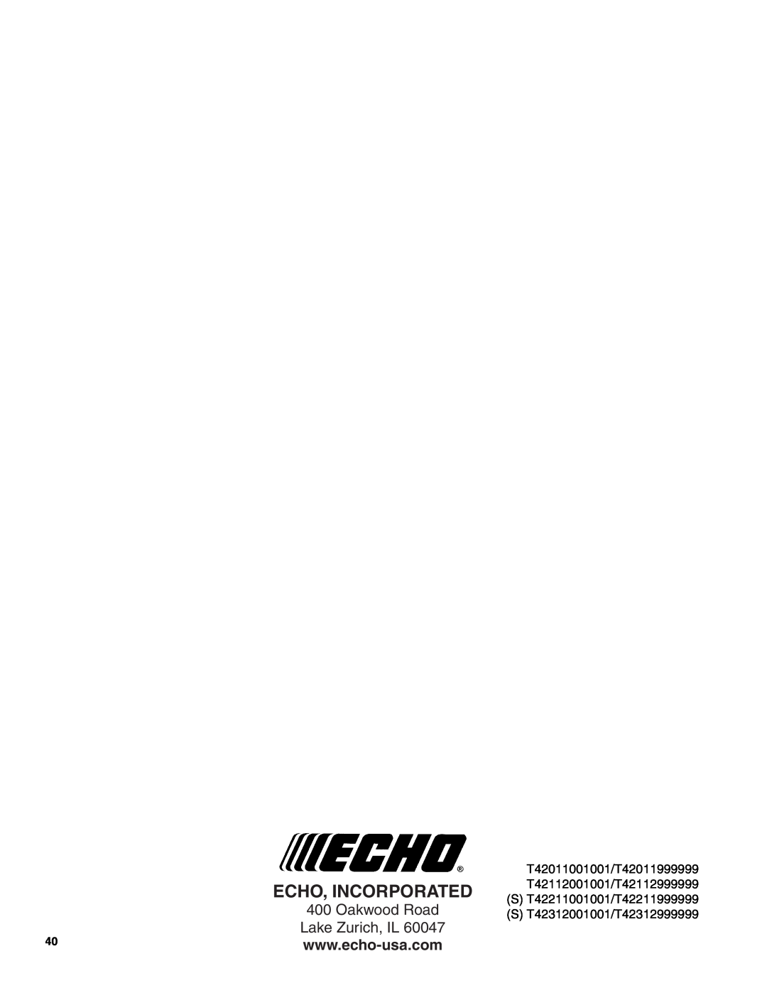 Echo SRM-266/S Echo, Incorporated, Oakwood Road, Lake Zurich, IL, T42011001001/T42011999999, T42112001001/T42112999999 