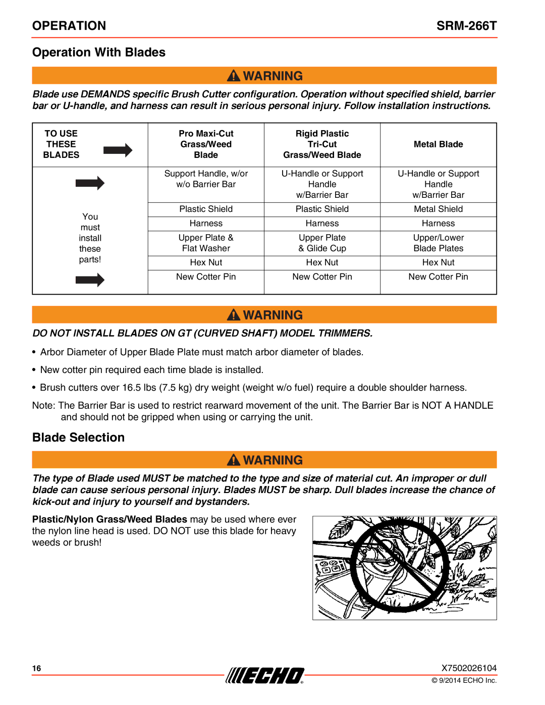 Echo SRM-266T specifications Operation With Blades, Blade Selection 
