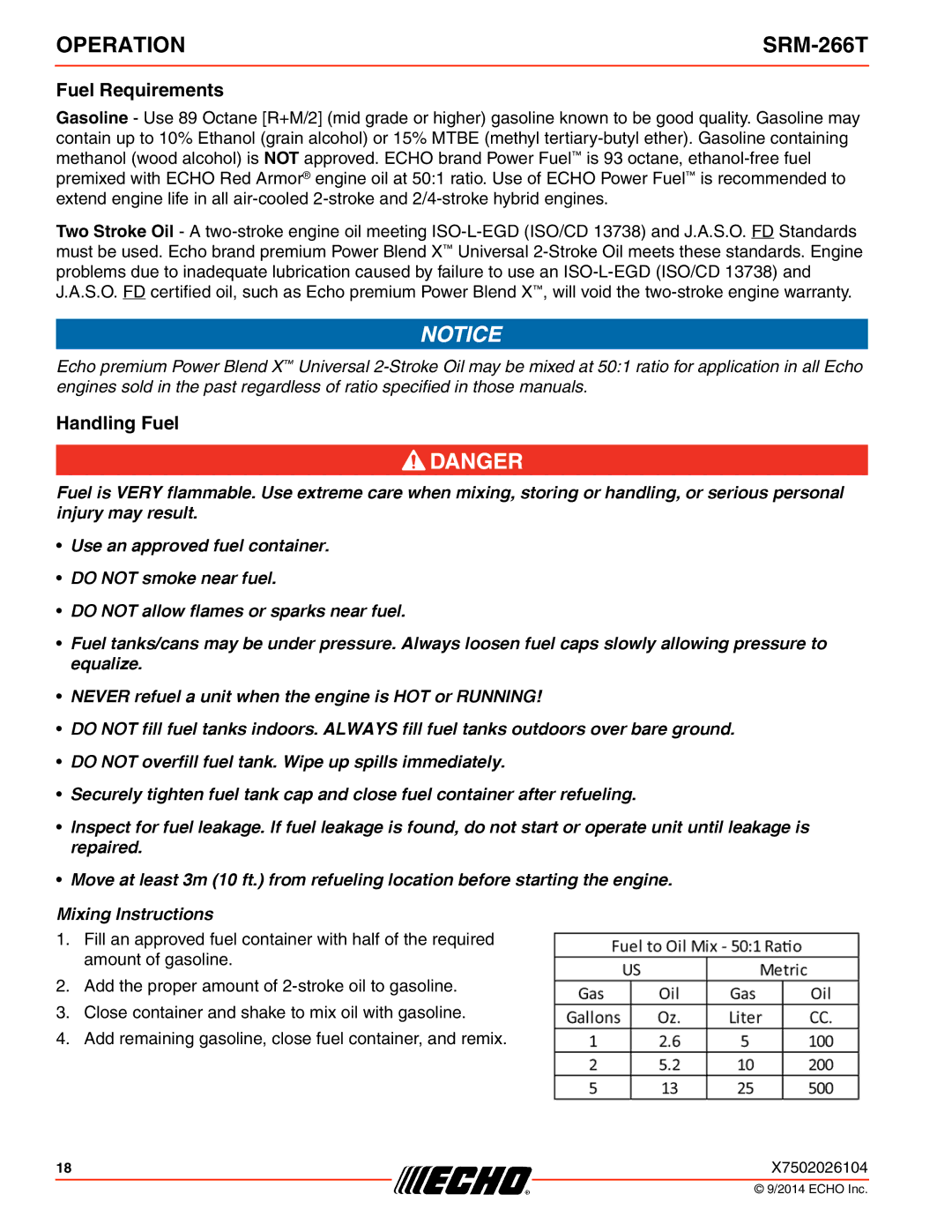 Echo SRM-266T specifications Fuel Requirements, Handling Fuel 